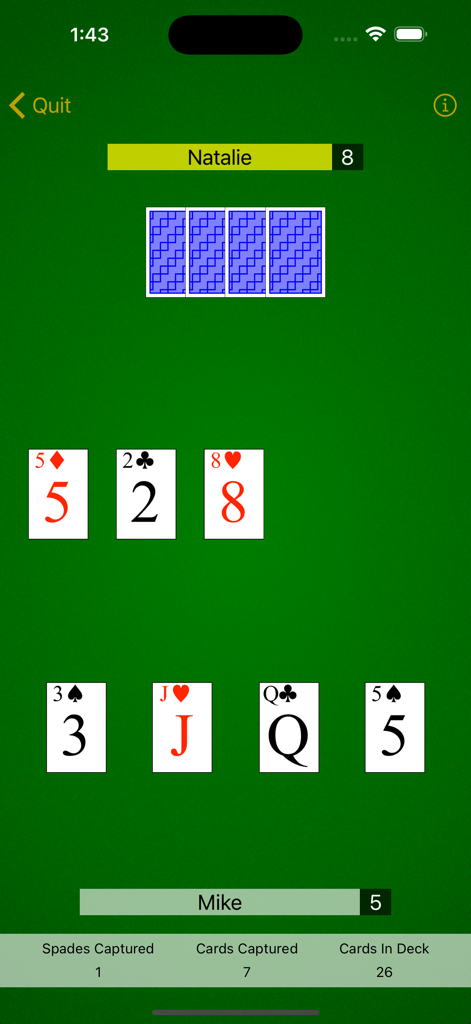 Cassino! - Pantalla de juego del juego de cartas Cassino mostrando una partida entre los jugadores Natalie y Mike