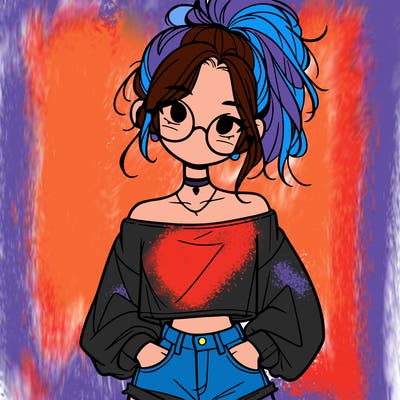girl with a messy ponytail glasses a baggy crop top and jean shorts