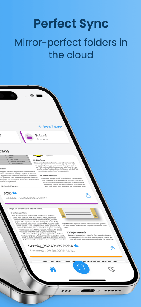 Scanly: PDF Scanner - Scanly app interface showing document folders and perfect cloud synchronization across Apple devices.