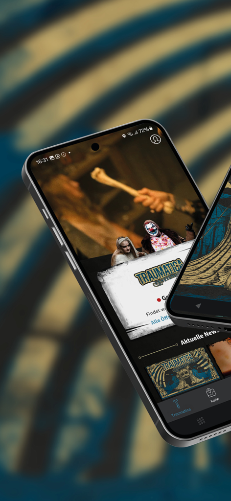 Smartphone exibindo o aplicativo móvel Traumatica Festival of Fear com personagens de terror e navegação.