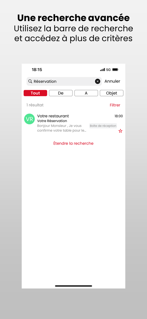 Fonction de recherche avancée de l'application SFR Mail montrant les résultats de recherche d'e-mails et les filtres sur un écran d'iPhone