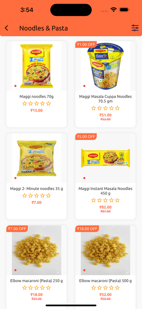 BeMight Online Shopping Store - BeMight app screen displaying various noodles and pasta products with prices and discount offers