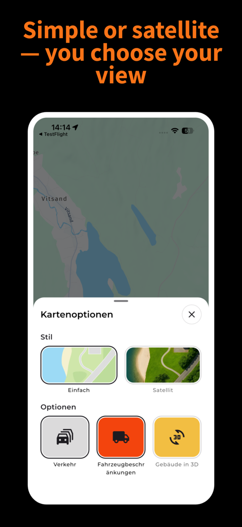 CampPilot Camper Navi - Interface of CampPilot app showing map style selection between simple and satellite views