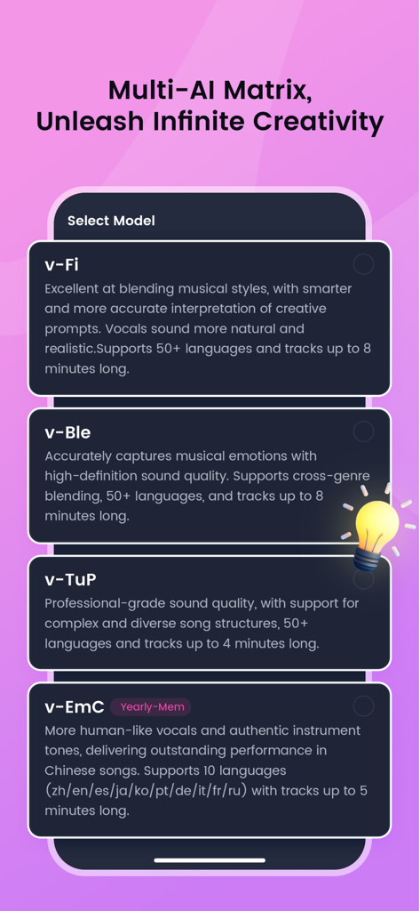 MakeBestMusic: AI Music - A screen in the MakeBestMusic app showing a list of different AI music models like v-Fi and v-Ble for custom audio generation