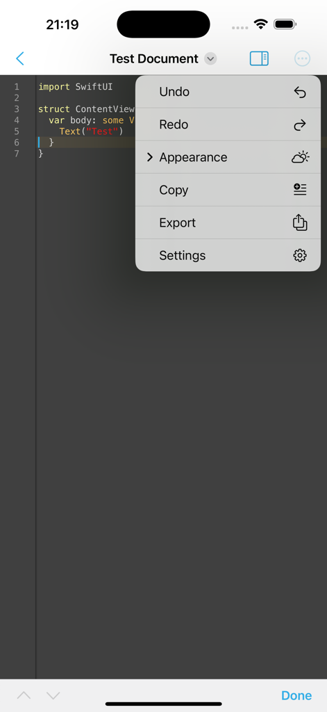 QuickCode: Code Editor - QuickCode mobile code editor interface showing SwiftUI code and an options menu with Undo Redo and Appearance