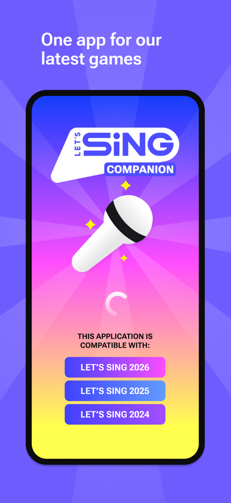 Let's Sing Companion app screen showing compatibility with Let's Sing 2024, 2025, and 2026 games.