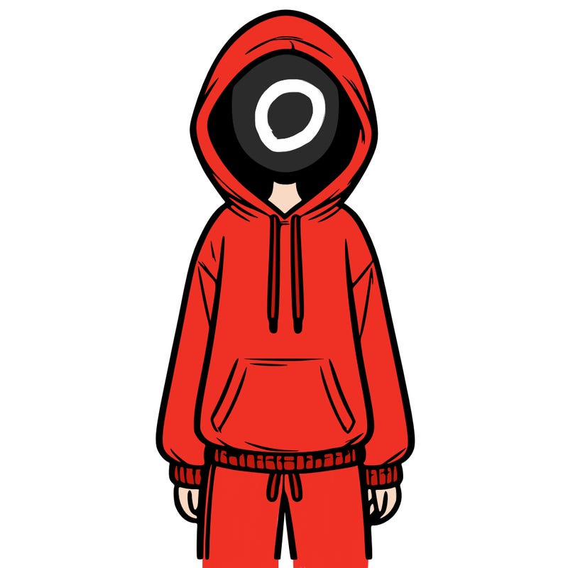 faceless girl in a tracksuit with a hood on and no hair