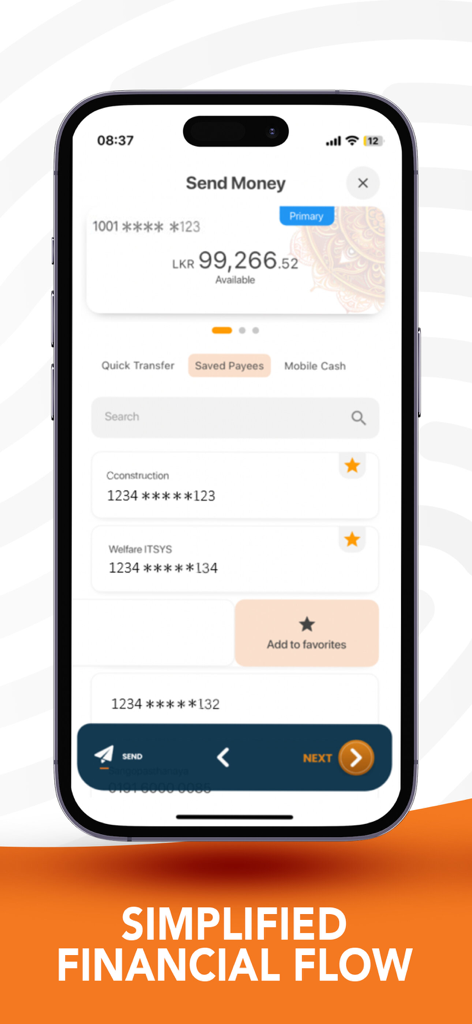 Sampath Vishwa Retail - Sampath Vishwa Retail app Send Money screen showing saved payees and account balance