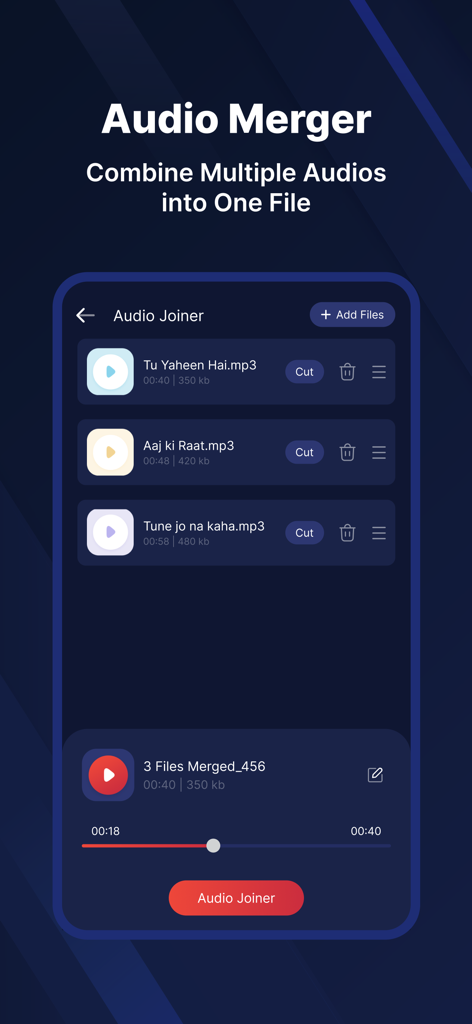 MP3 Converter & MP3 Cutter - Screenshot of the MP3 Converter app showing the Audio Merger feature with multiple audio files ready to be joined into a single file