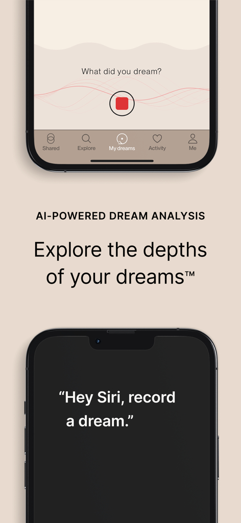Temenos Dream app interface showing AI-powered dream analysis and Siri voice recording integration