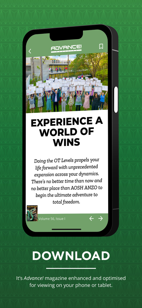 Advance! ANZO - Smartphone screen displaying the Advance! ANZO magazine app with a celebratory group photo and text about spiritual wins.