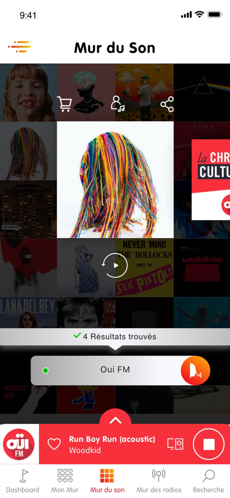 Les Indés Radios - Interface of Les Indes Radios app showing the Mur du Son visual music discovery feature with a grid of album covers