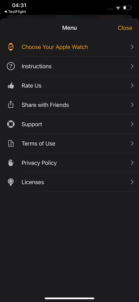 Il menu impostazioni e informazioni dell'app Watch Faces and Widgets Gallery che mostra le opzioni per supporto e istruzioni.