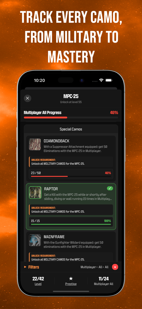 BO7 - Camo Tracker - BO7 Camo Tracker app showing weapon challenge progress and mastery levels
