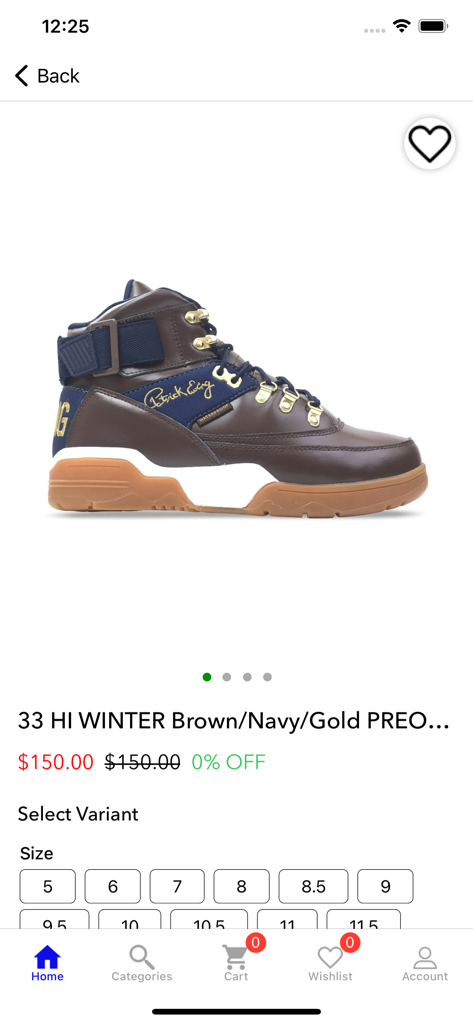 Sneaker Ewing Athletics 33 HI WINTER in colorazione marrone, blu navy e oro sulla schermata di selezione del prodotto dell'app.