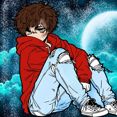 a male hoddie ripped jeans messy hair anime