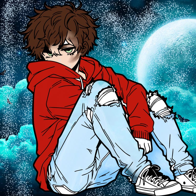a male hoddie ripped jeans messy hair anime