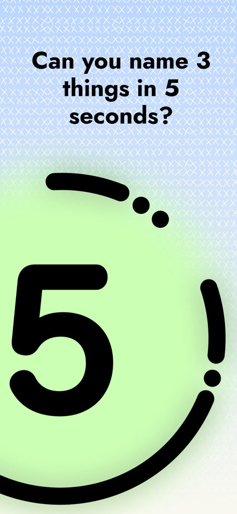 Pantalla de la aplicación 5 Second Rule mostrando el desafío de nombrar 3 cosas en 5 segundos con un gran número 5 y un gráfico de temporizador.
