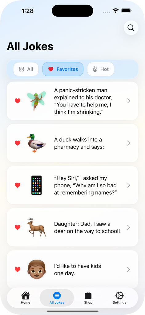 #DadJokes - アプリのインターフェイスに表示されている、面白くてクリーンなDad Jokesのリスト。