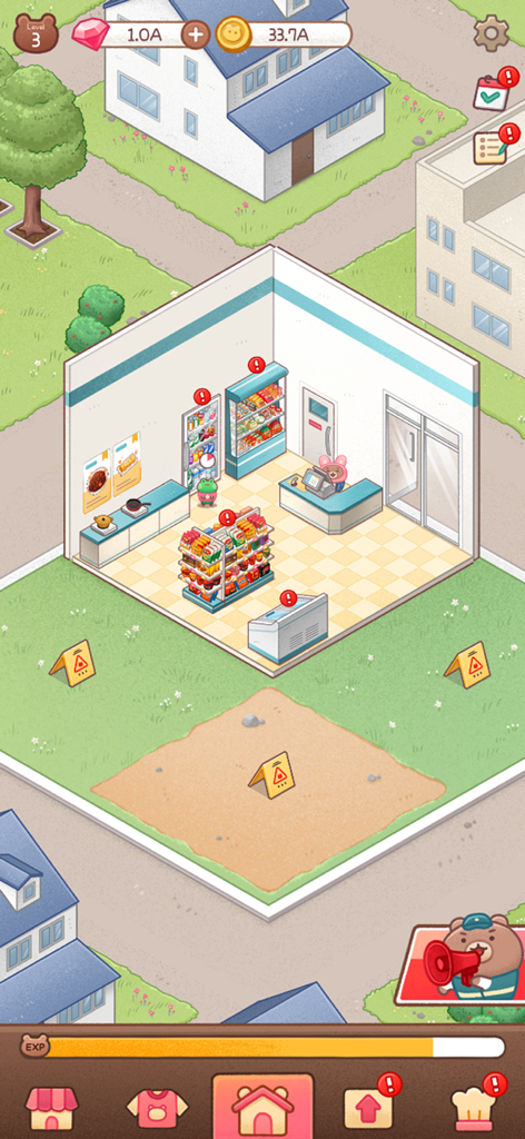A cute bear character managing a small convenience store in the Gomdol CEO idle simulation game.