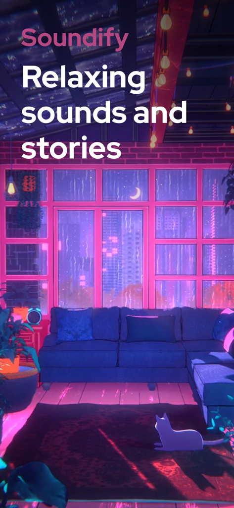 ASMR Sleep Sound Mix: Soundify - Sala aconchegante em tons de roxo com chuva lá fora e um gato, apresentando o texto Sons e histórias relaxantes do aplicativo Soundify.