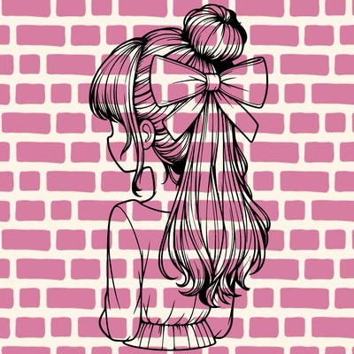 realistic girl  with hip length hair a bun and a big bow on the back of head
