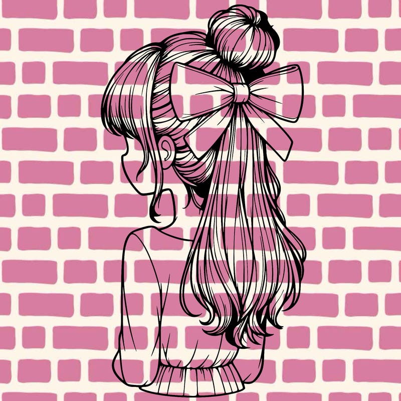 realistic girl  with hip length hair a bun and a big bow on the back of head