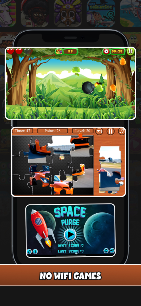 퍼즐 및 아케이드 슈터와 같은 여러 오프라인 게임을 표시하는 PogoPlay 모바일 앱 스크린샷