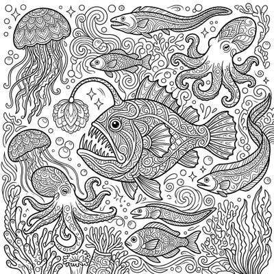 Explore the mysteries of the ocean's depths with this stunning adult coloring page featuring highly detailed deep-sea creatures. Unwind and find peace as you bring to life an anglerfish, jellyfish, octopus, and more with your unique color palette.