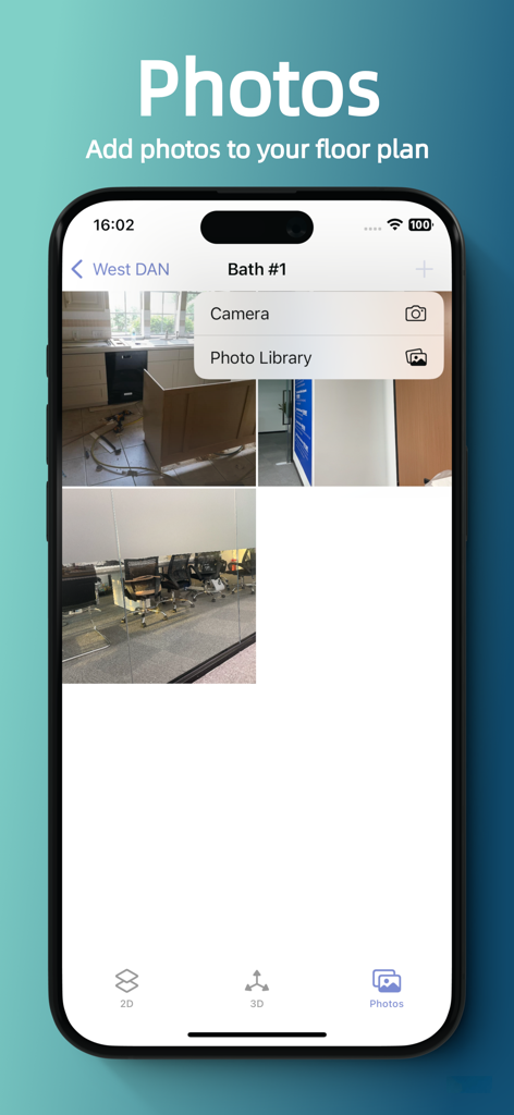 Room Scanner - Easy Measure Rm - App-Oberfläche, die zeigt, wie Fotos zu einem Grundriss hinzugefügt werden
