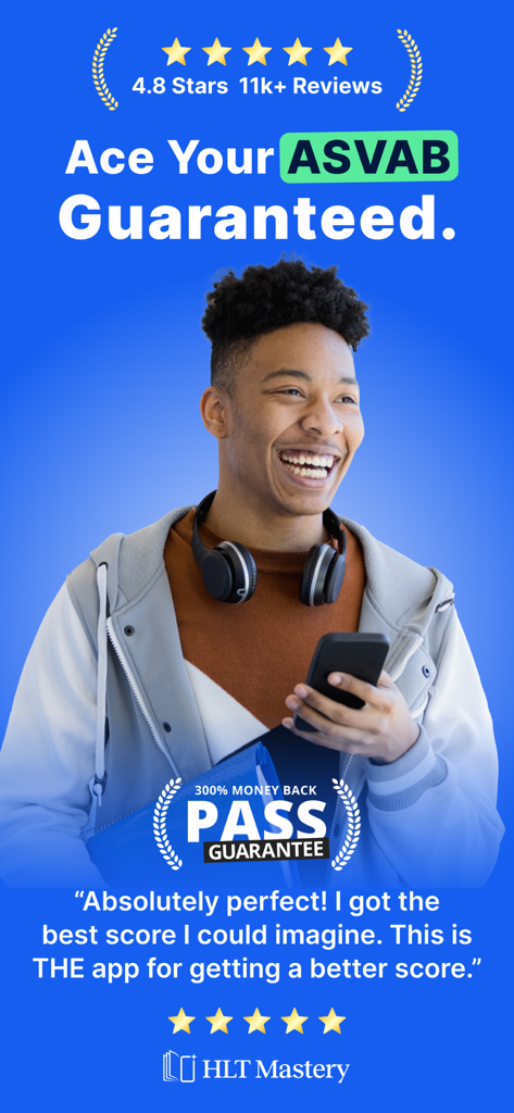 A smiling young man holding a smartphone with text saying Ace Your ASVAB Guaranteed and a pass guarantee badge