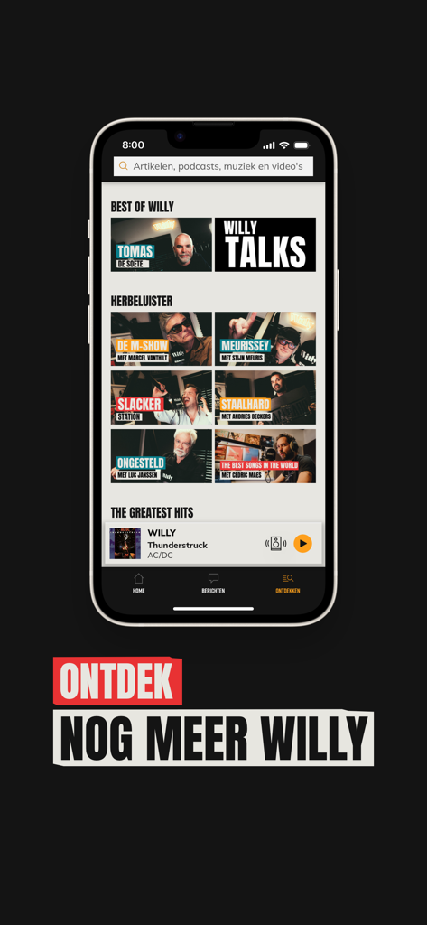 Willy - A mobile interface of the Willy music app showing a variety of alternative rock radio shows and a media player playing AC DC