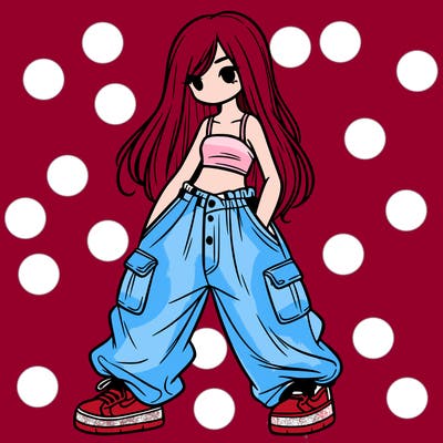 girl in baggy pants, crop top, and long hair