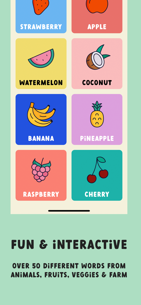 games for kids: Farm Sounds - Interactive screen showing a grid of colorful fruit tiles with labels like strawberry apple and banana for toddler vocabulary learning