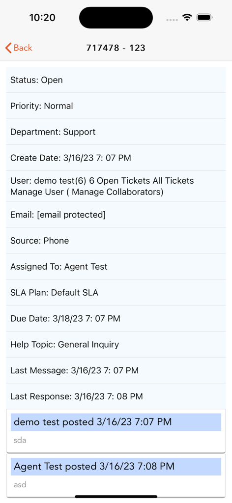 osTicket Admin - Interfaccia mobile dell'app osTicket Admin che mostra i dettagli del ticket di supporto come stato e priorità