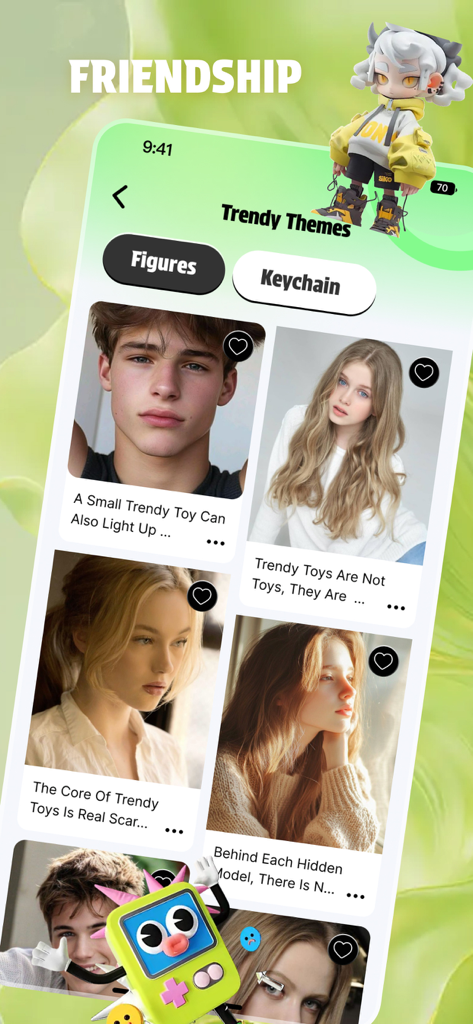 Mizy app interface showing community member profiles and trendy toy categories like figures and keychains.