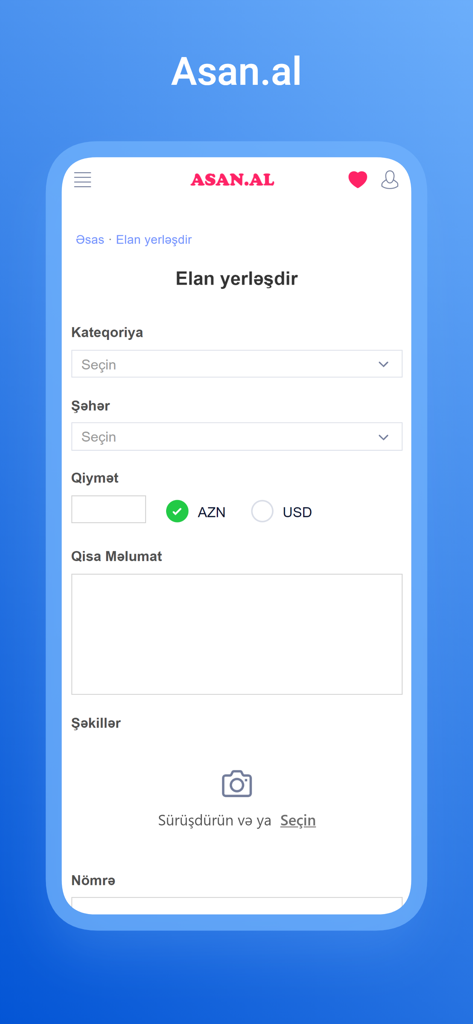 Asan.al - Asan.al mobile app screen for posting a classified ad