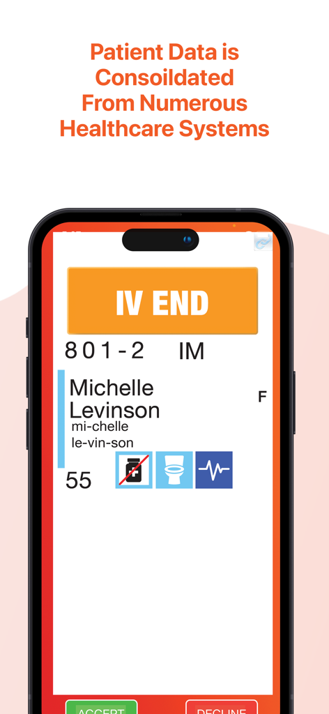 Deltapath Acute - Deltapath Acute App-Bildschirm zeigt eine Patientenwarnung für den Abschluss der IV-Infusion mit konsolidierten medizinischen Daten an