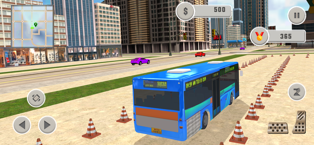 Tourist Passenger Bus Drive - A blue city bus navigating through an urban environment with traffic cones and skyscrapers in a 3D driving simulator game.