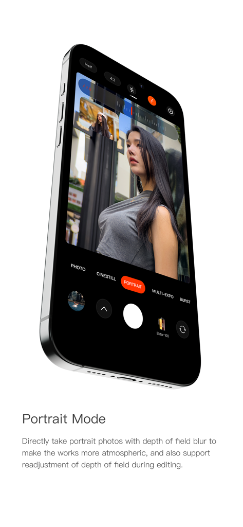 FotorGear - Camera in Pocket - iPhone screen showing the FotorGear app portrait mode with depth of field blur on a female subject