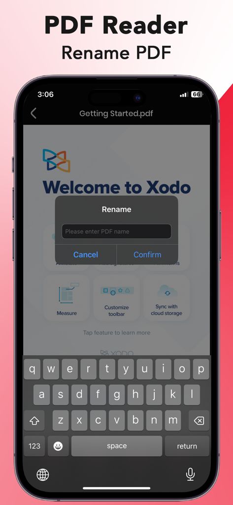 A mobile interface for renaming a PDF document within a PDF reader app