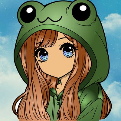 a pretty girl wearing a frog hoodie portrait with long hair