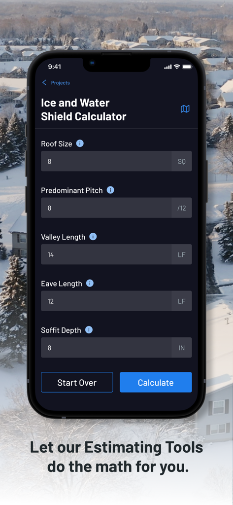 OneClick Code - Building Codes - Interface of the Ice and Water Shield Calculator within the OneClick Code app for roofing professionals.