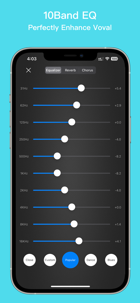 A 10-band equalizer interface in the EZAudioCut Lite app for professional vocal and audio enhancement