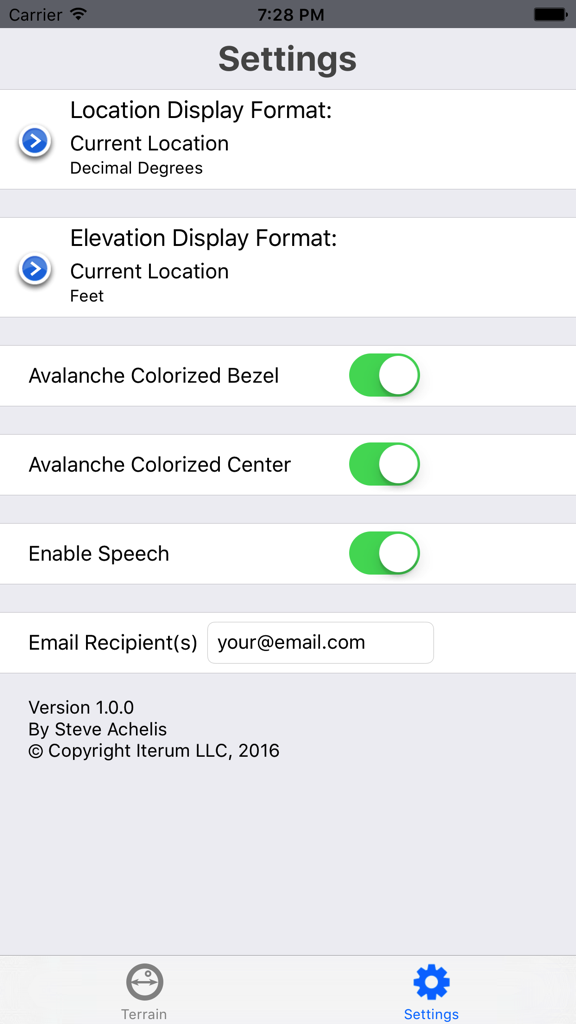 Avalanche Inclinometer - Settings screen of the Avalanche Inclinometer app with options for location format, colorized visual aids, and voice feedback.