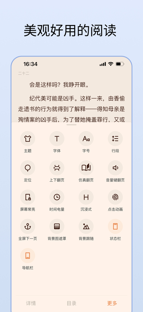 清墨 - 纯净文本阅读器 - Minimalist customization menu in QingMo reader app with theme and font options