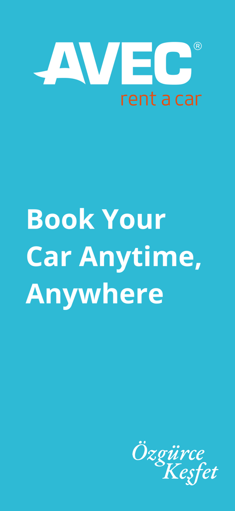 AVEC rent a car - Interface de l'application mobile AVEC rent a car affichant le slogan Réservez votre voiture n'importe quand, n'importe où