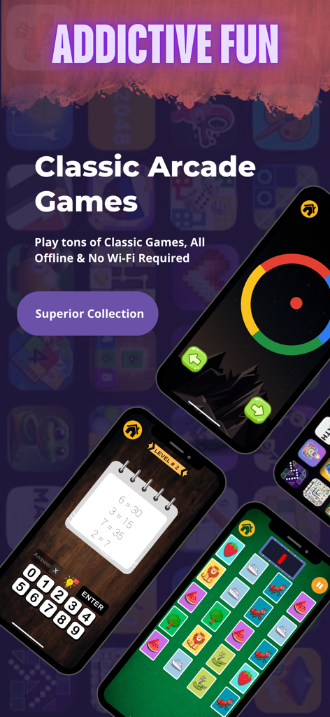 ThumbGames - 100 Arcade Games - Three smartphones displaying various offline arcade games including a math puzzle and a memory match game