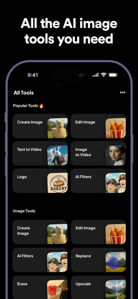 AI Canvas - AI Image Generator - Interface of the AI Canvas app showing various AI tools for image generation and video editing