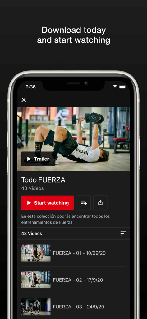 KY-FIT.LIVE - Interfaz de la aplicación móvil KY-FIT.LIVE mostrando una colección de videos de entrenamiento de fuerza con un botón para empezar a ver